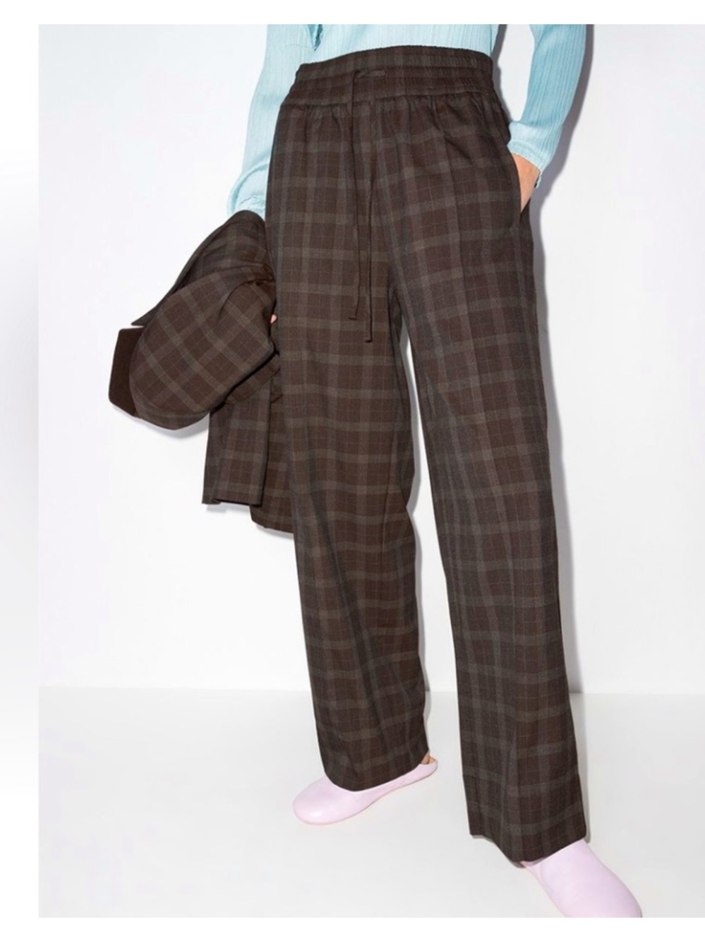 Ganni Brown Plaid Drawstring Wide-Leg Trousers
